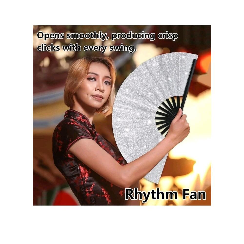 Large Folding Hand Fans 6 PCS for Line Dancing Silver Shimmery Glitter Black s30 - Picture 3 of 8